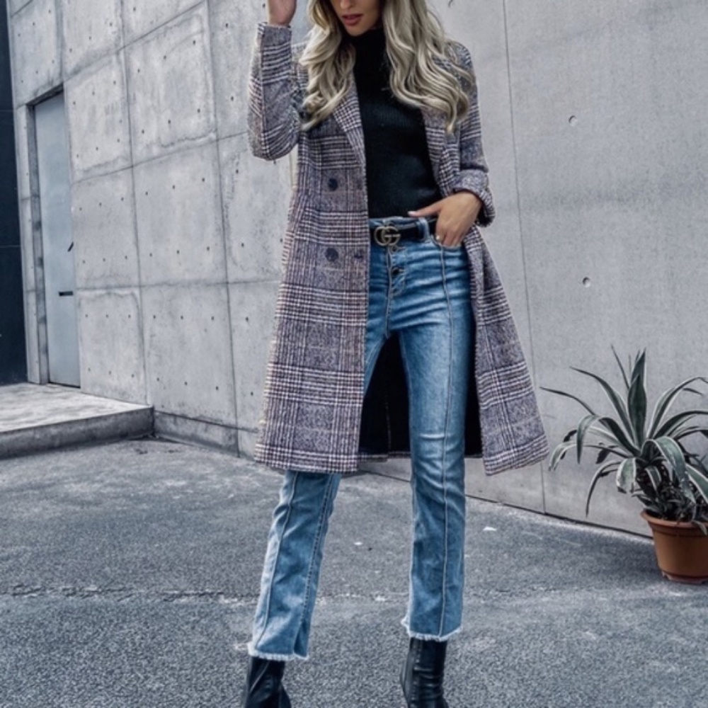 Classic black plaid trench fall button pea coat jacket - Picture 5 of 7